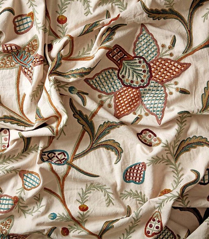 Embroidered fabric on an antique cream cotton background, with chainstitch detail in the floral pattern. Duck egg blue and pink stitching.