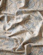 Blue and cream fabric. Floral embroidery on a stone linen background.