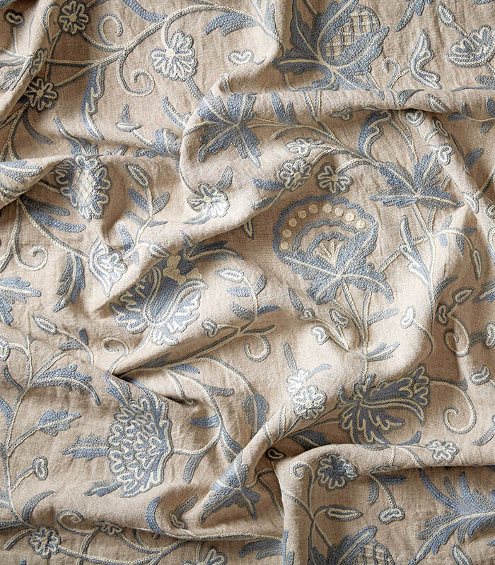 Blue and cream fabric. Floral embroidery on a stone linen background.